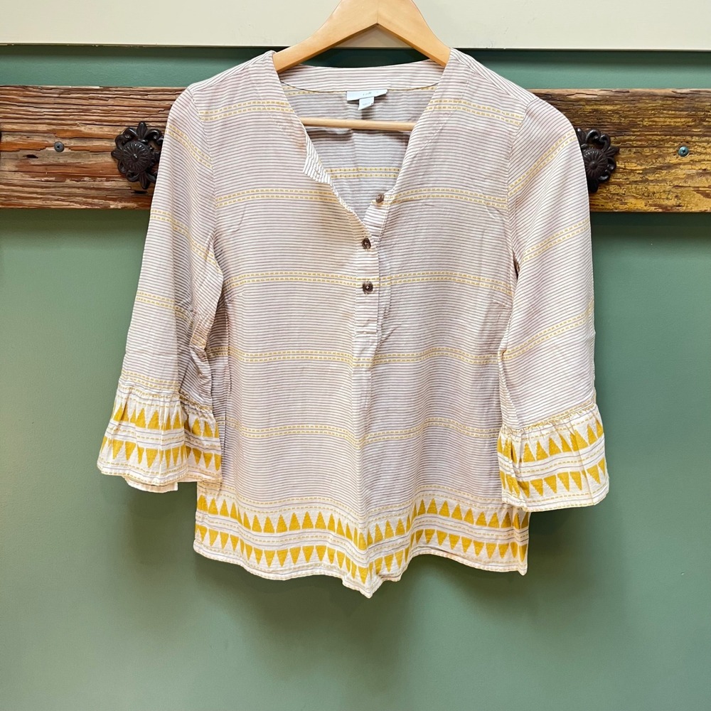 J. Jill Womens XS Striped Henley Tunic Top Yellow Embroidered Bell Sleeve Cotton